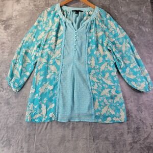 Zac & Rachel Womens L Blue Floral Boho Top Button Front Lightweight Semi Sheer